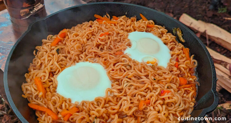 Cast Iron Fried Noodles on a Wood Stove